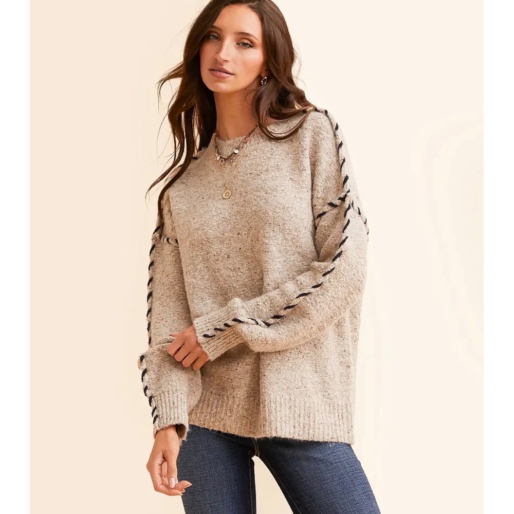 BKE Whipstitch Trim Oversized Sweater Women Large Beige Marled Knit Boho